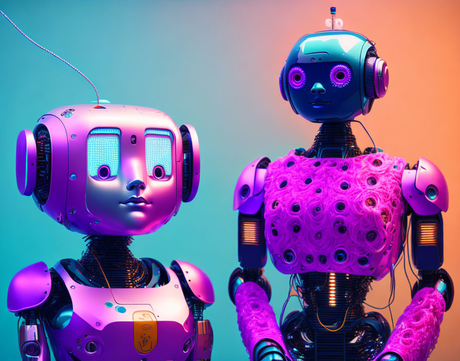 Colorful stylized robots with human-like features on gradient background