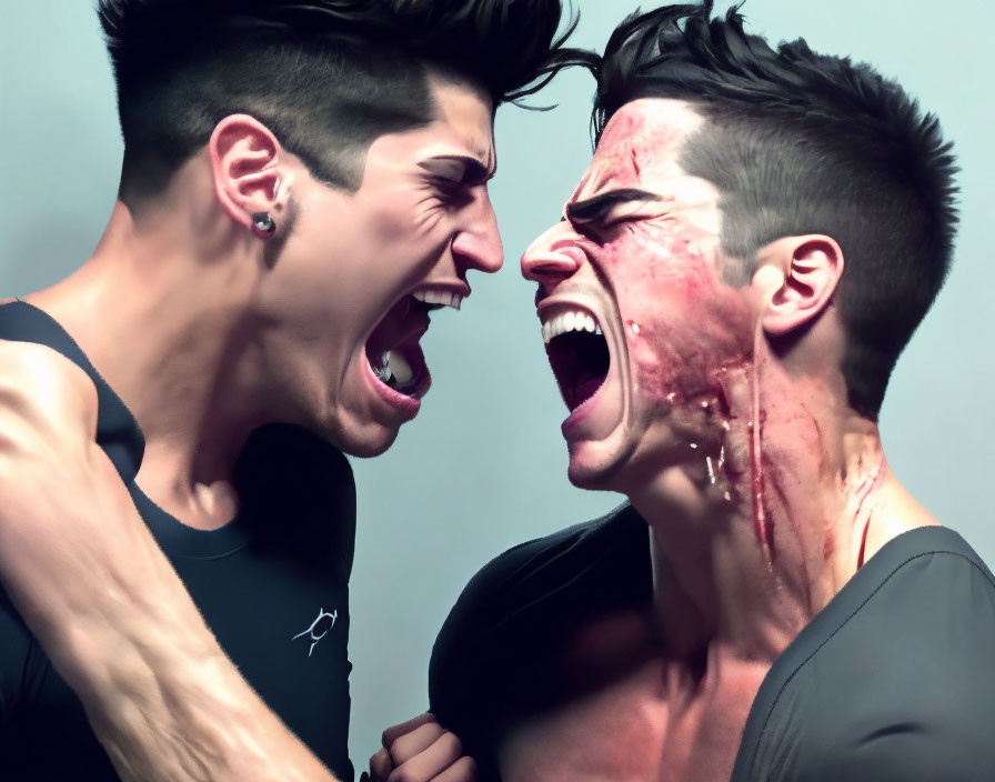 Intense confrontation between two men with bloody face.