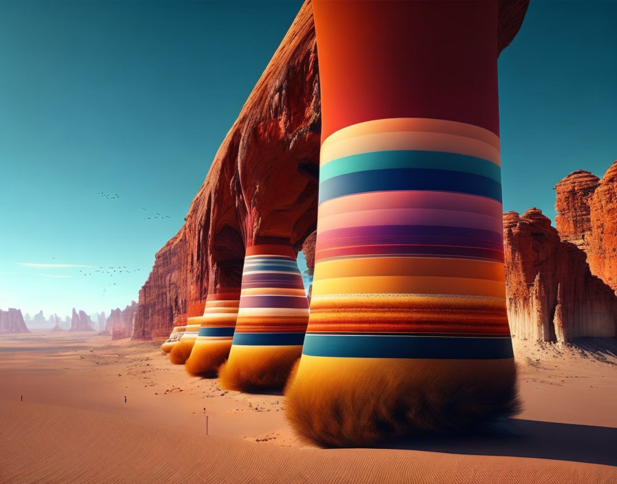 Colorful Striped Rock Formations in Surreal Desert Landscape