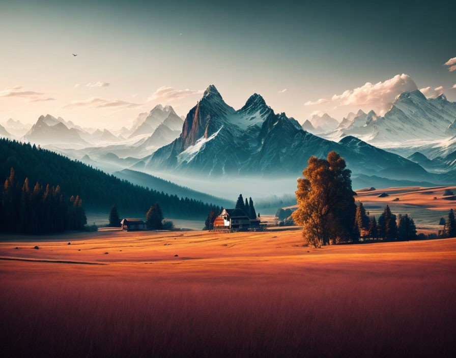 Golden field, cabin, snow-capped mountains in serene landscape