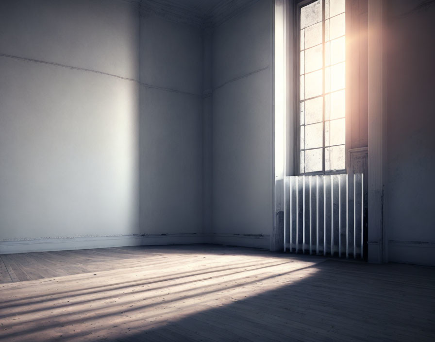 Sunlight on Wooden Floor in Empty Room with White Walls