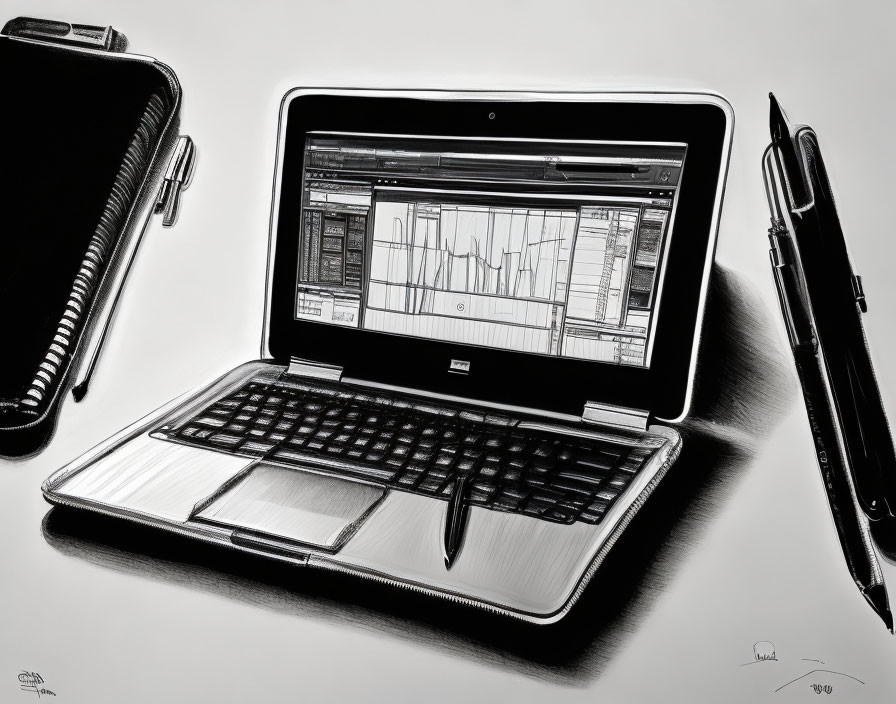 Monochrome drawing of laptop with graph, pen, and smartphone on reflective surface