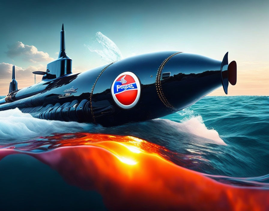 Futuristic submarines with Pepsi logo in fiery ocean under twilight sky