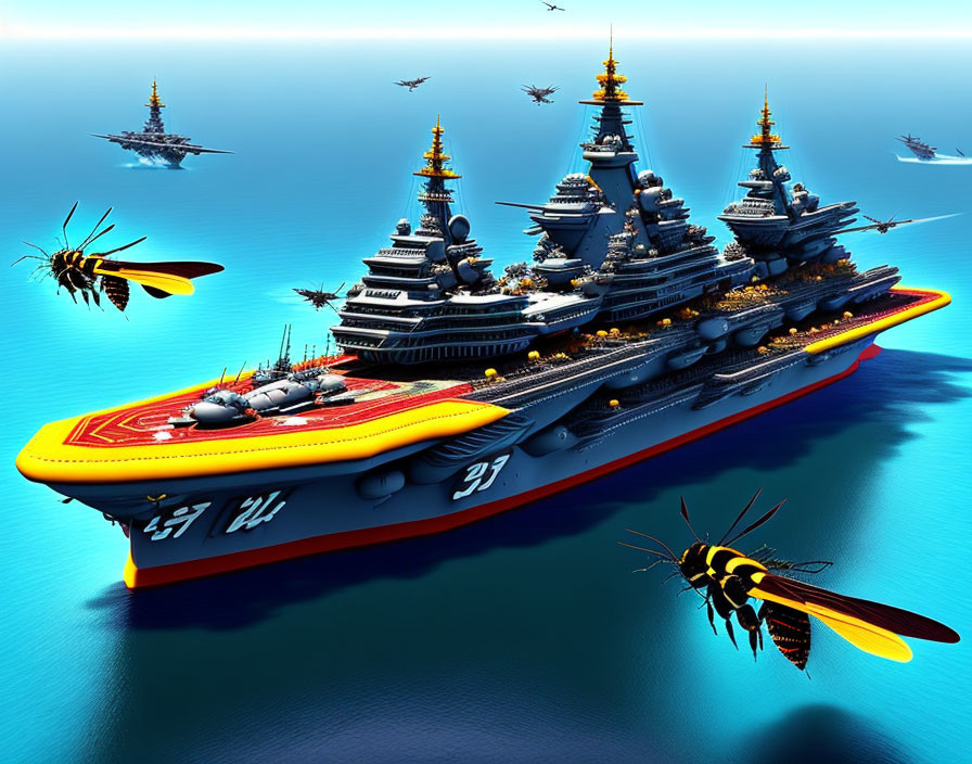 Digital artwork: Oversized aircraft carrier with runways, giant bees, calm ocean