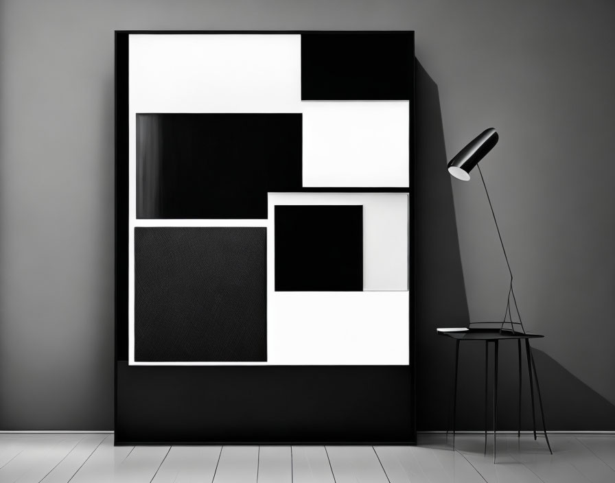 Monochromatic painting in minimalist room with black floor lamp