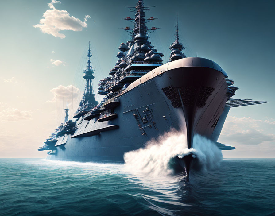 Imposing Battleships with Multiple Gun Turrets Sailing in Blue Ocean