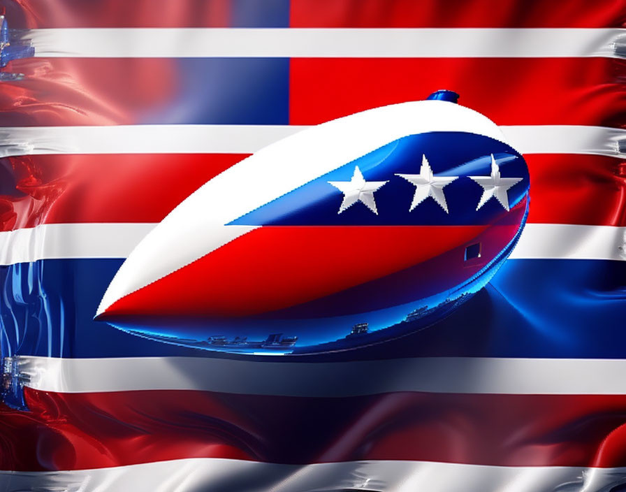 Stylized American football with United States flag design on glossy backdrop