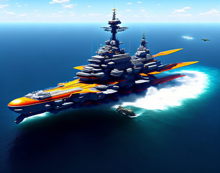 Futuristic orange battleship with turrets on the open sea