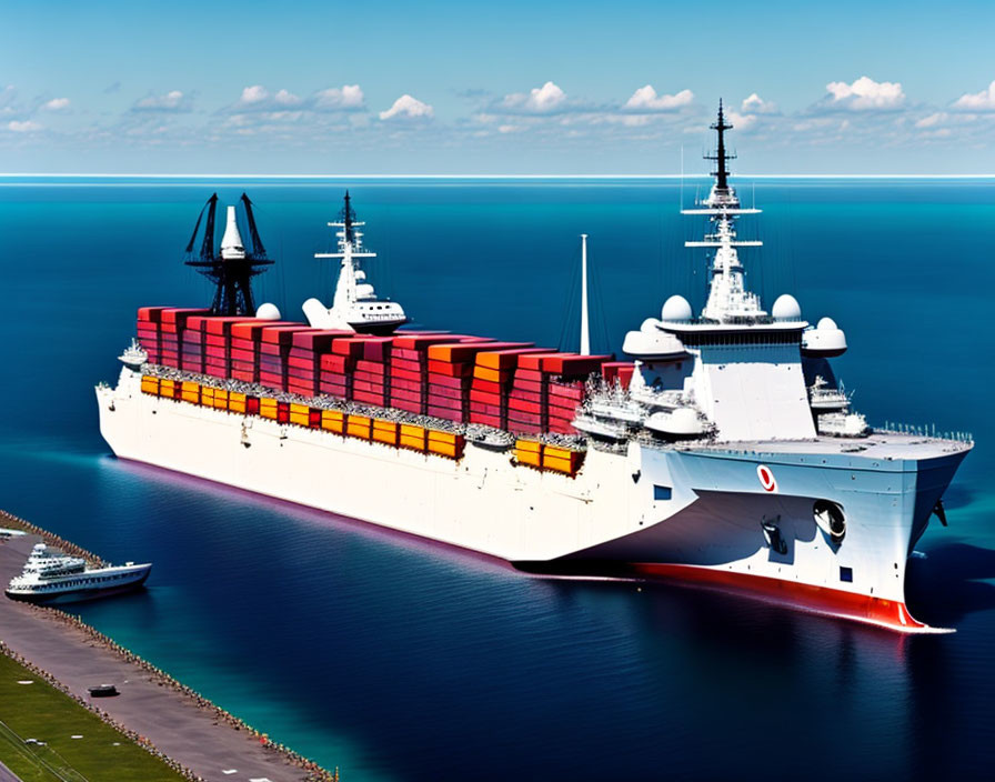 Colorful container ship docked near pier in calm blue waters