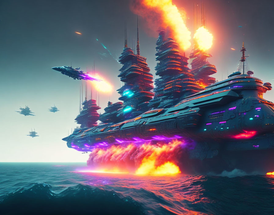 Futuristic battleships launching from ocean with neon lights and fire plumes