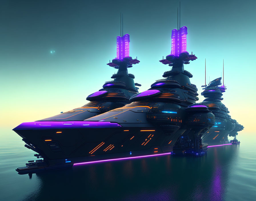 Neon-accented futuristic battleships on calm ocean at dusk