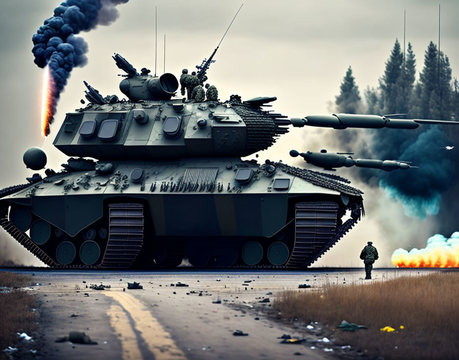 Soldier walking towards tank on road with billowing smoke.