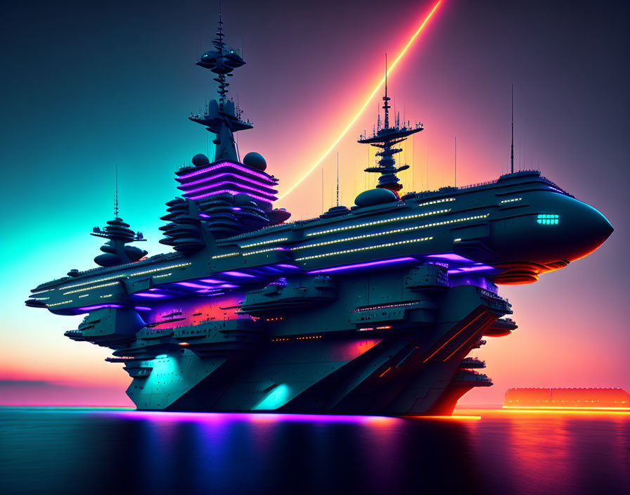 Neon-lit battleships on calm waters under twilight sky