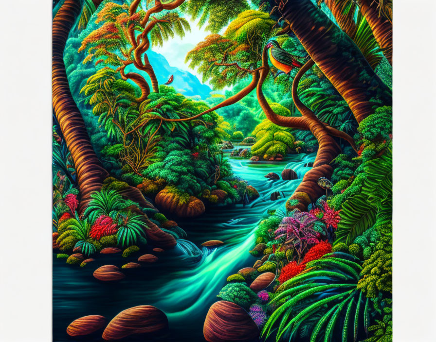 Lush jungle landscape with vibrant colors and flowing river