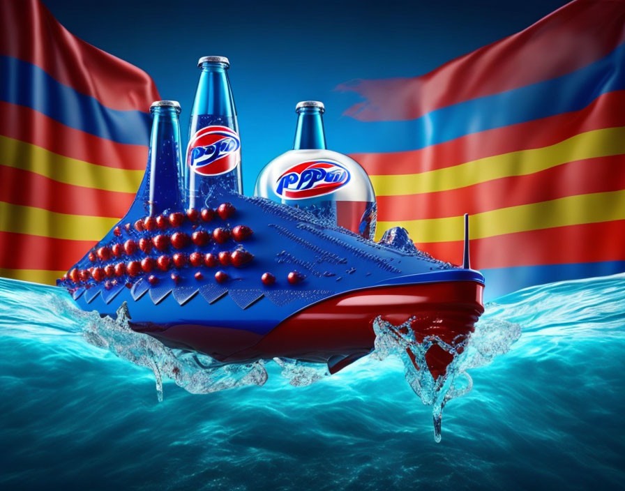 Three Pepsi bottles on a stylized blue ship with colorful flags on water