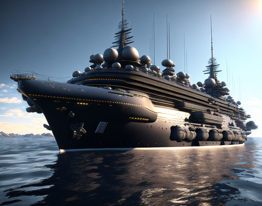 Advanced futuristic battleship with innovative weaponry and radar systems on calm sunset waters