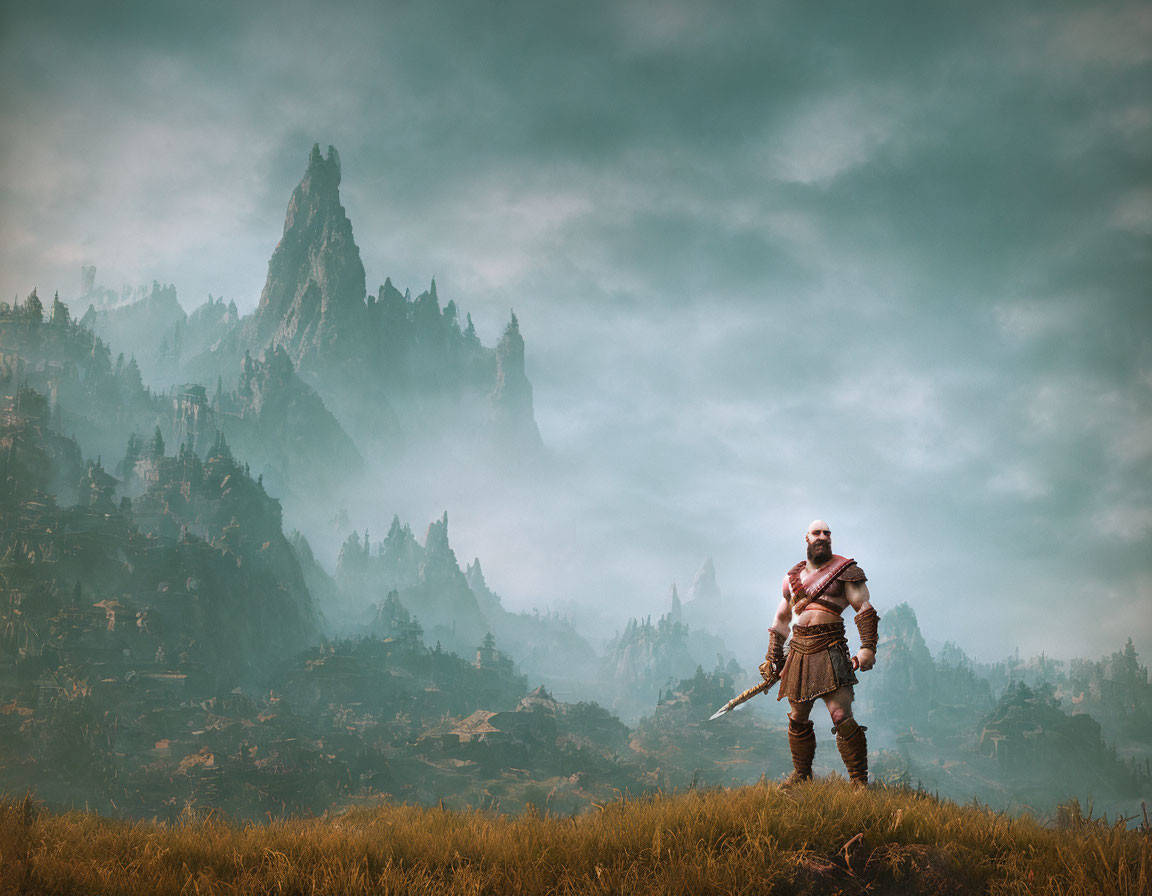 Warrior with Sword in Foggy Mountain Landscape