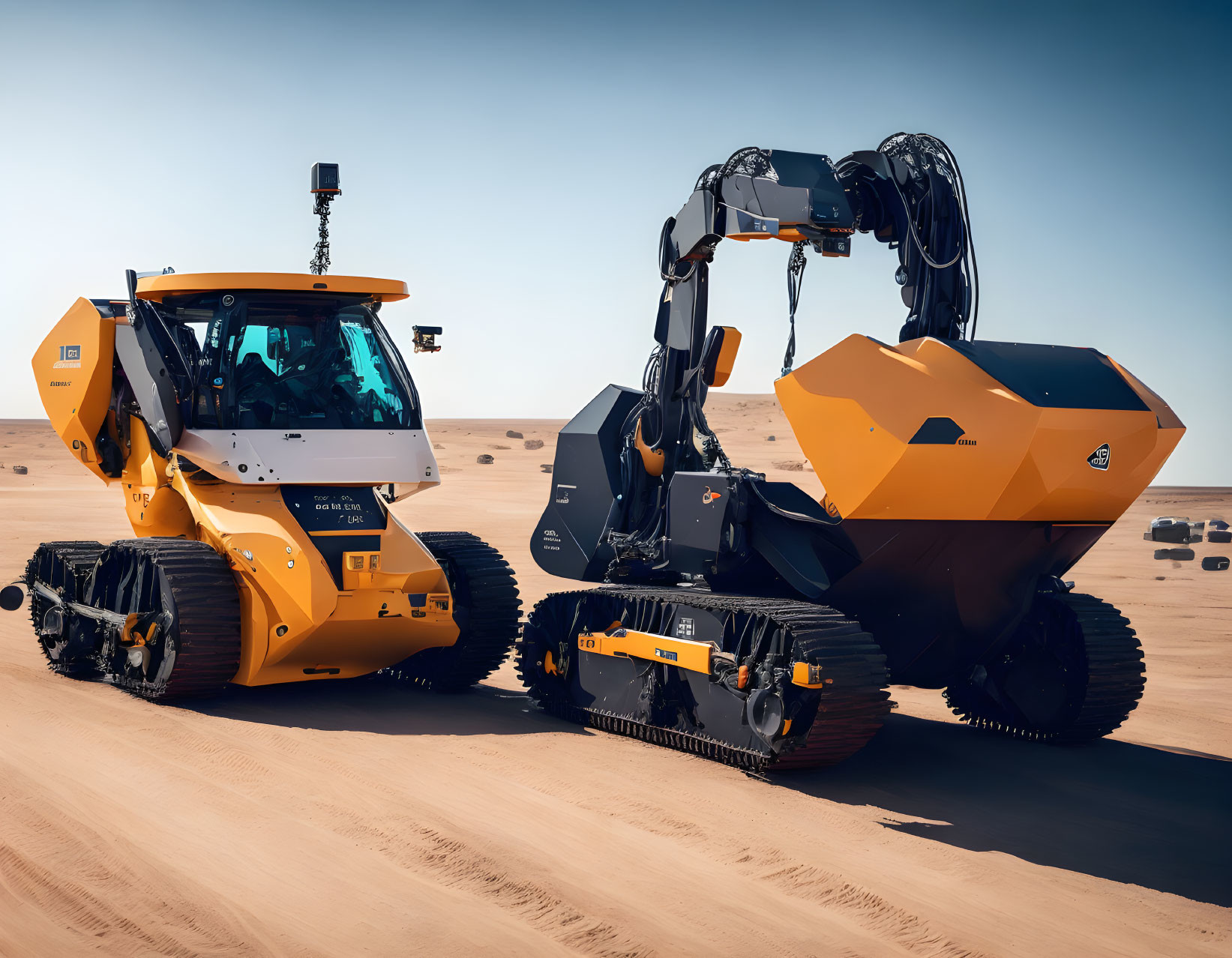 Unmanned robotic vehicles with excavator arm and tracked loader in desert environment