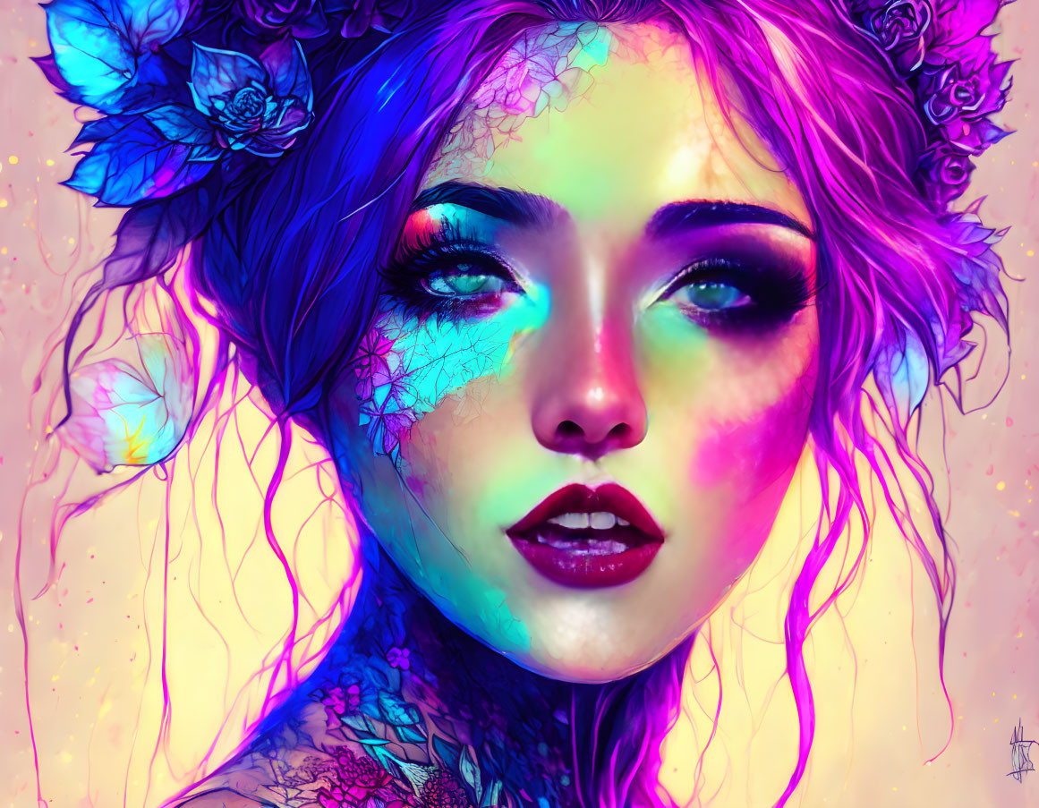 Colorful digital artwork: woman with purple hair, blue flowers, intricate skin patterns.