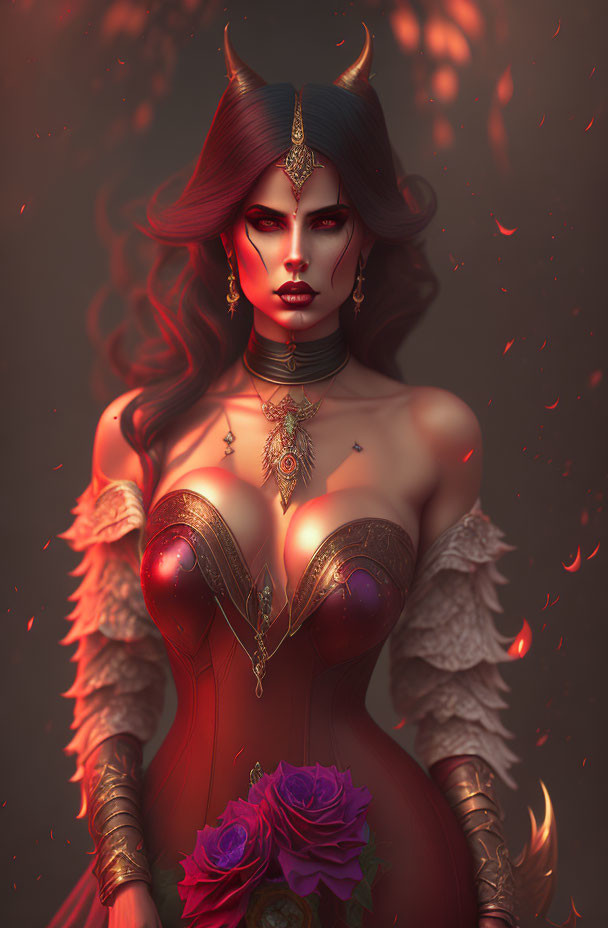 Fantasy female character with red skin, horns, dramatic headpiece, red bodice, and ember