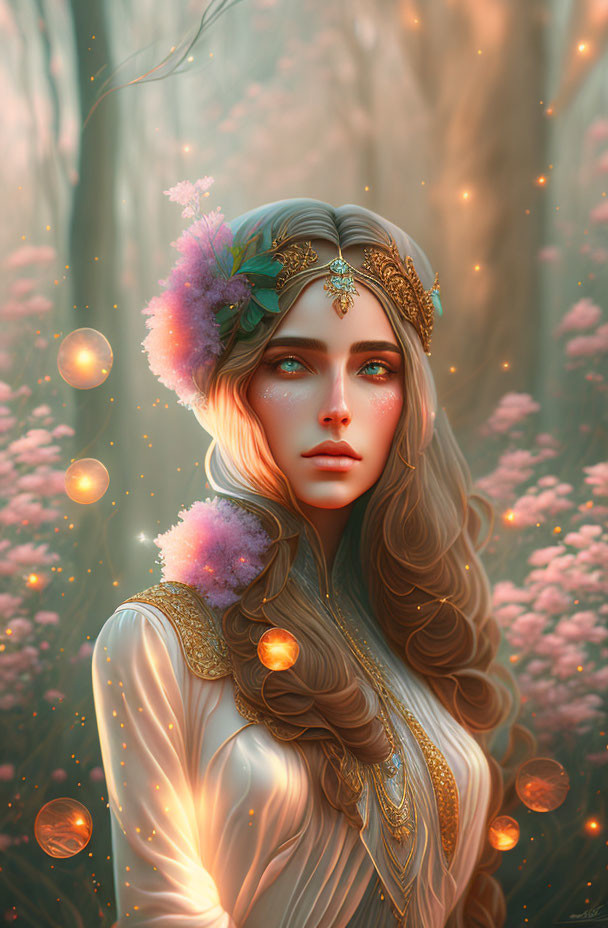 Mystical female figure with flowing hair in pink-flowered forest