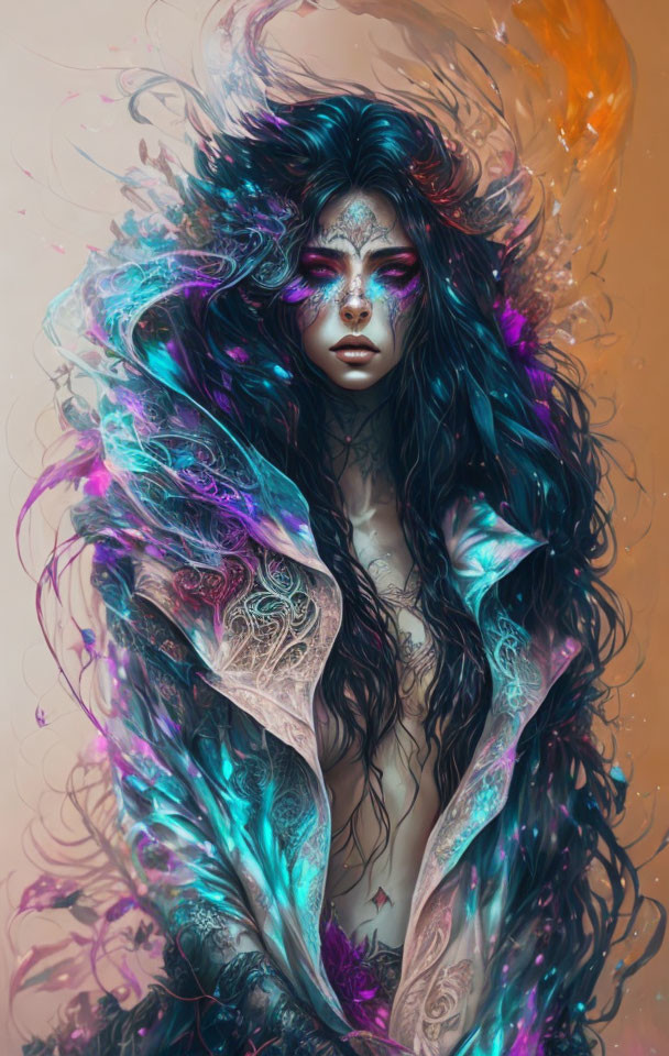 Dark-haired woman with vibrant swirling colors and intense purple hues in a mystical setting.