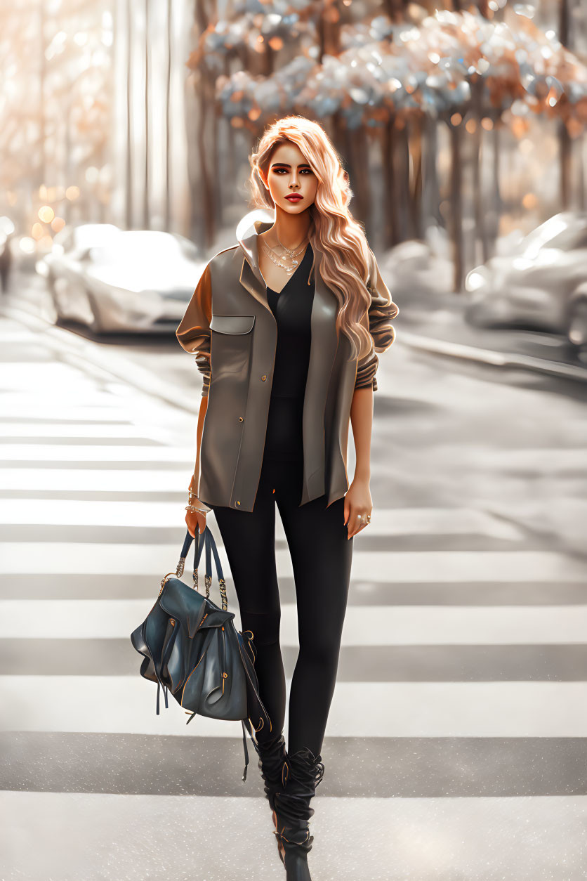 Blonde woman with blue bag crossing sunlit street