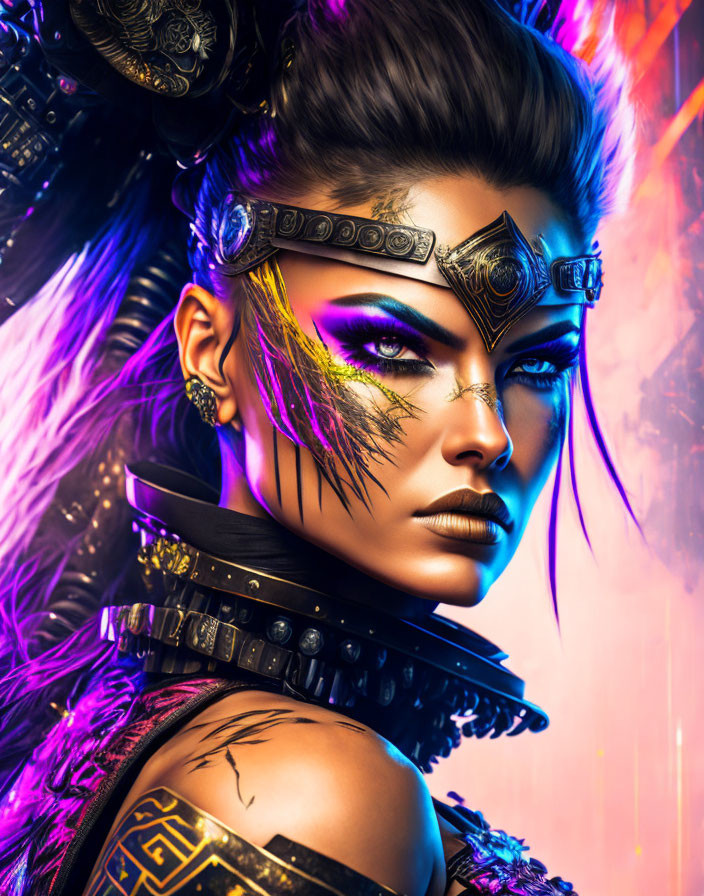 Warrior woman in ornate armor with neon lighting effects