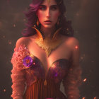 Fantasy female character with red skin, horns, dramatic headpiece, red bodice, and ember