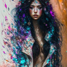 Dark-haired woman with vibrant swirling colors and intense purple hues in a mystical setting.