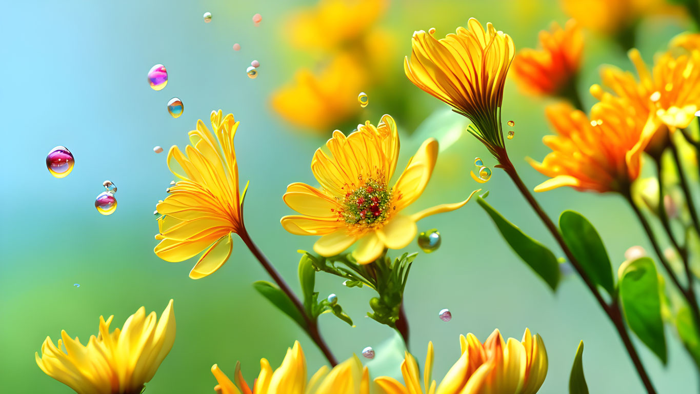 Vibrant yellow flowers with water droplets on soft blue backdrop