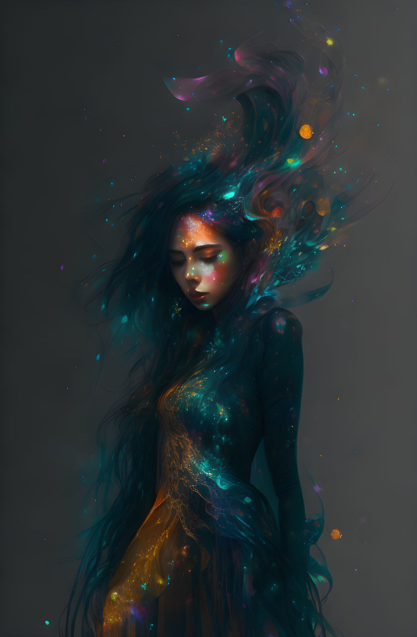 Mystical female figure blending into cosmic nebula with celestial colors