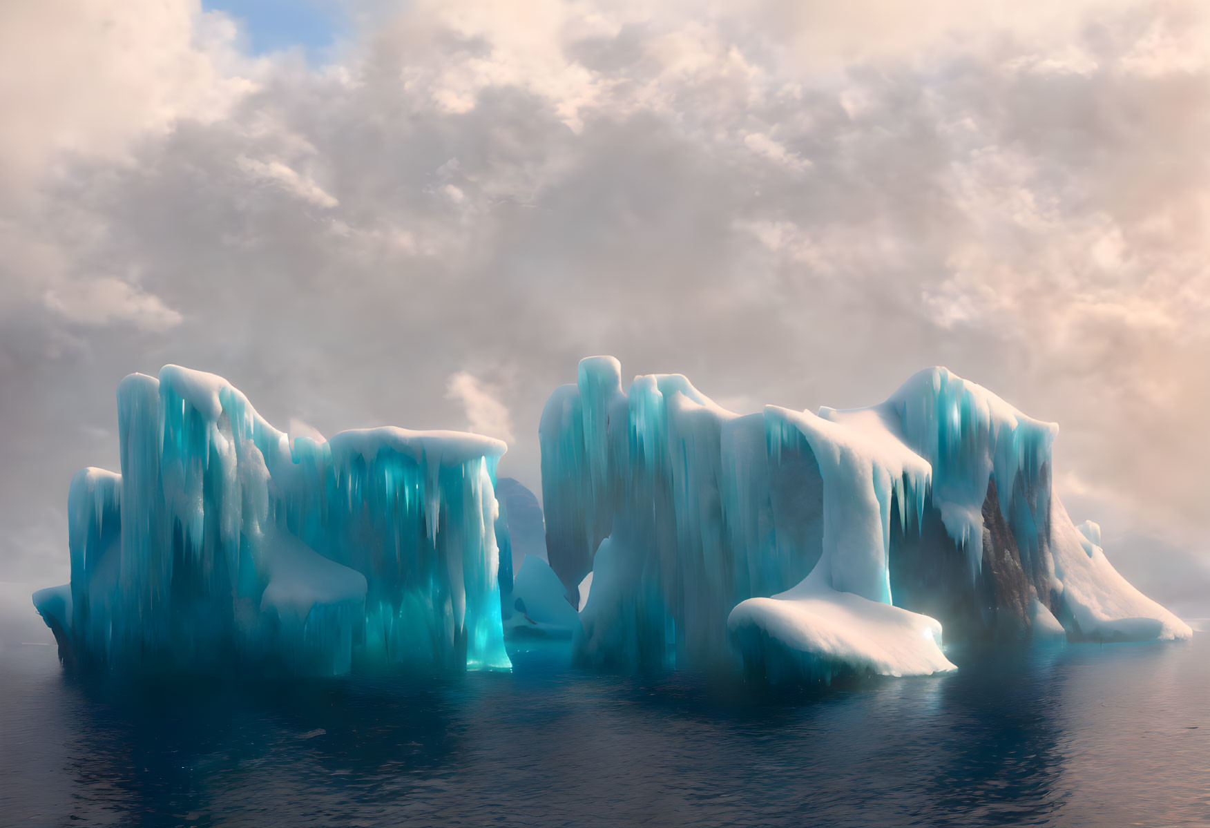 Blue and White Ice Formation Surrounded by Water and Cloudy Sky