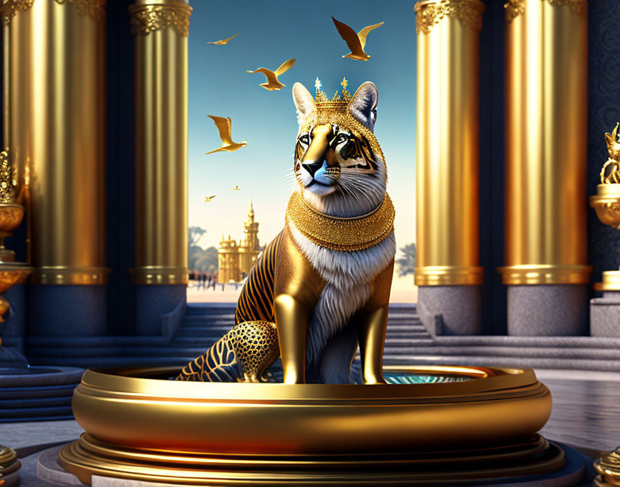 Golden cat statue with crown and necklace on pedestal, surrounded by columns and birds.