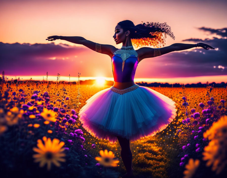 Dancer in tutu amid sunset field of flowers