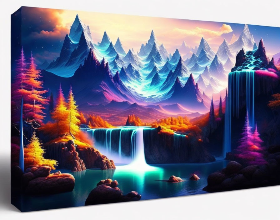 Imaginative landscape canvas print with glowing trees and neon blue rivers