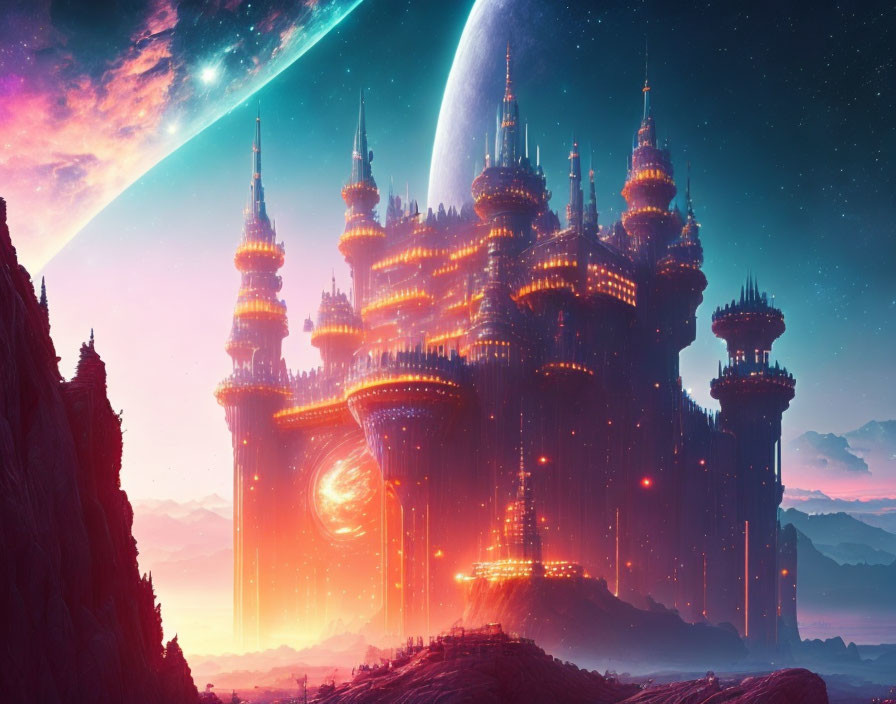 Futuristic castle with illuminated towers in cosmic setting