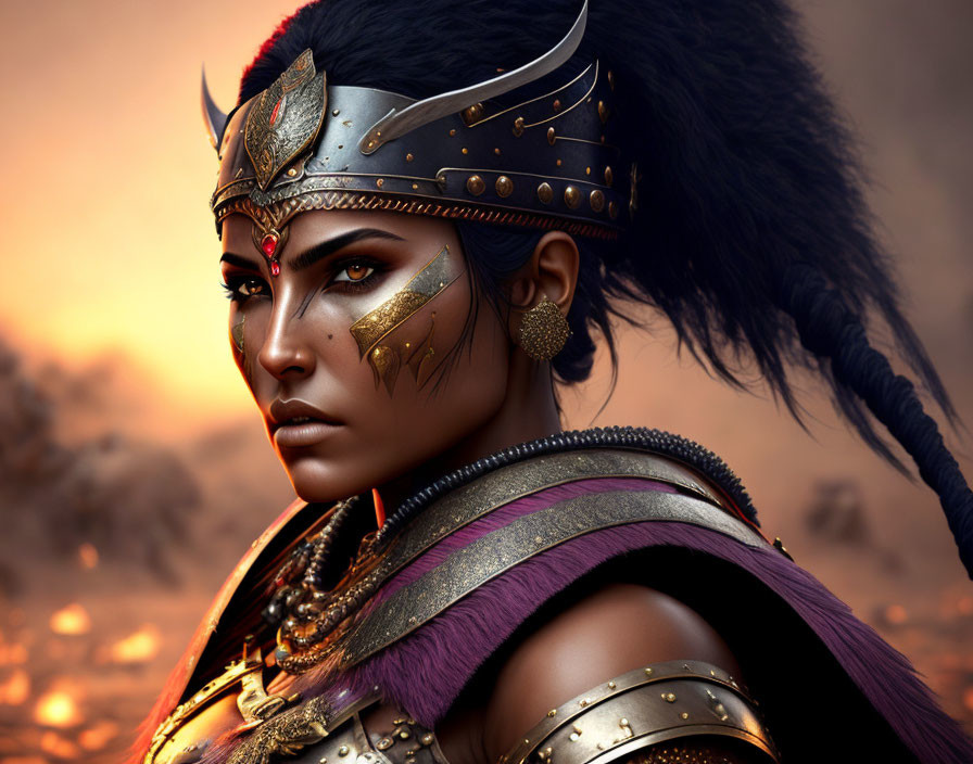 Warrior woman with golden face markings in decorated armor on fiery background