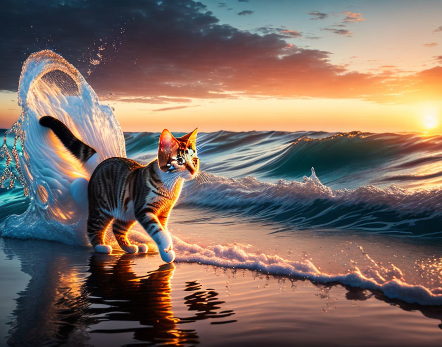 Cat with butterfly wings on beach at sunset with waves and vivid sky