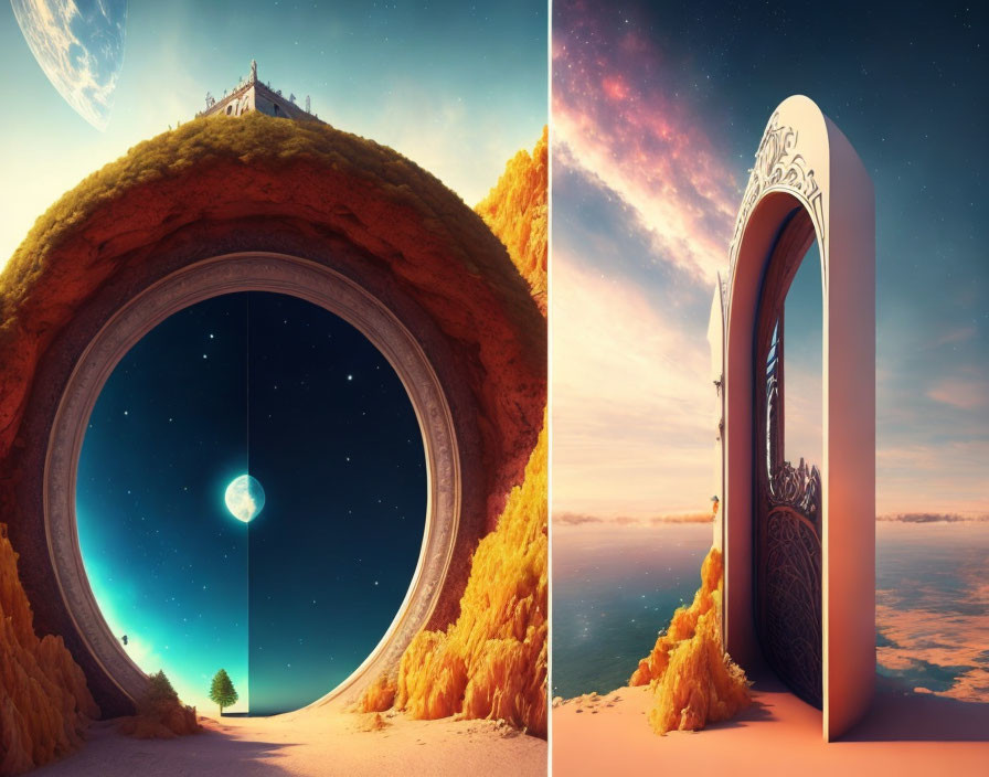 Surreal diptych featuring grassy hill portal and ornate dream door.