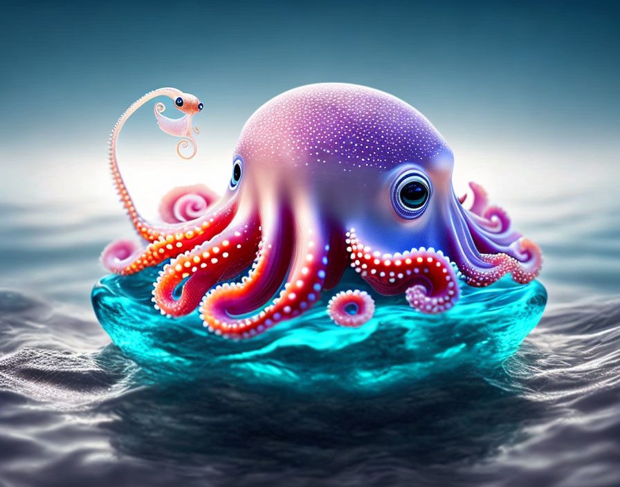 Colorful digital illustration: Purple octopus and seahorse in ocean