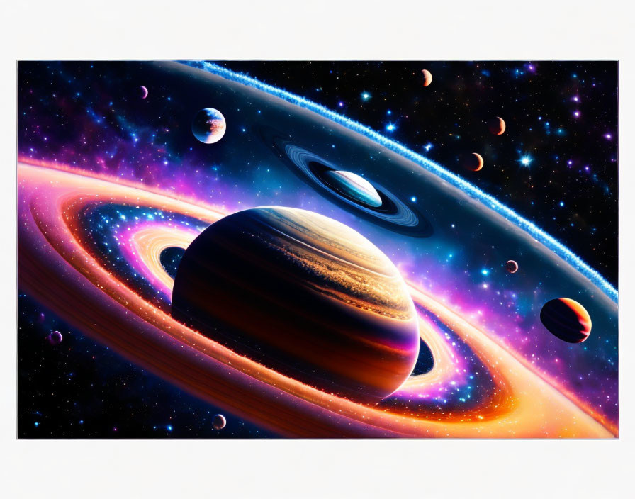 Colorful space scene with ringed planet and nebulas