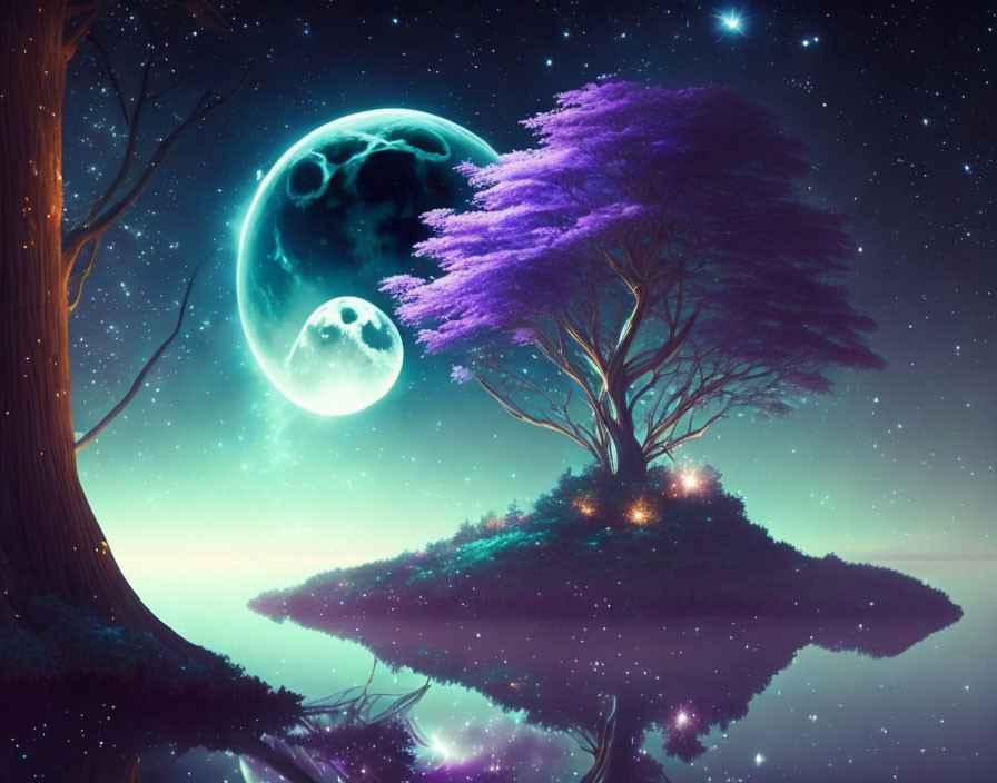 Fantasy landscape with vibrant purple tree on floating island under starry sky