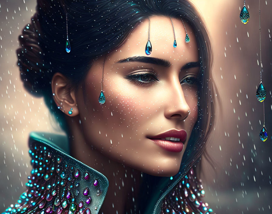 Digital portrait of woman with jeweled tears and embellished jacket in magical rain