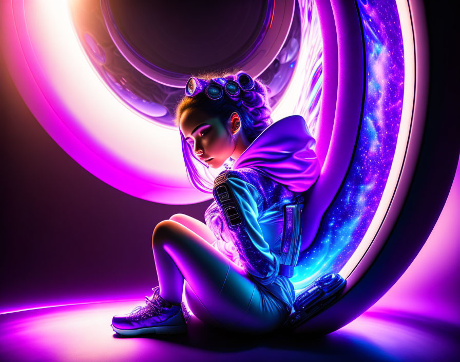 Futuristic female figure in neon lights with sci-fi and cosmic elements