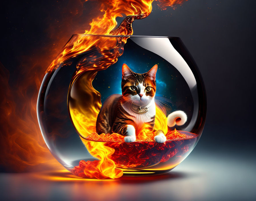 Surreal image of cat in fishbowl with flames on cosmic backdrop