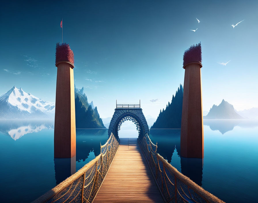 Digital artwork of serene rope bridge over blue lake