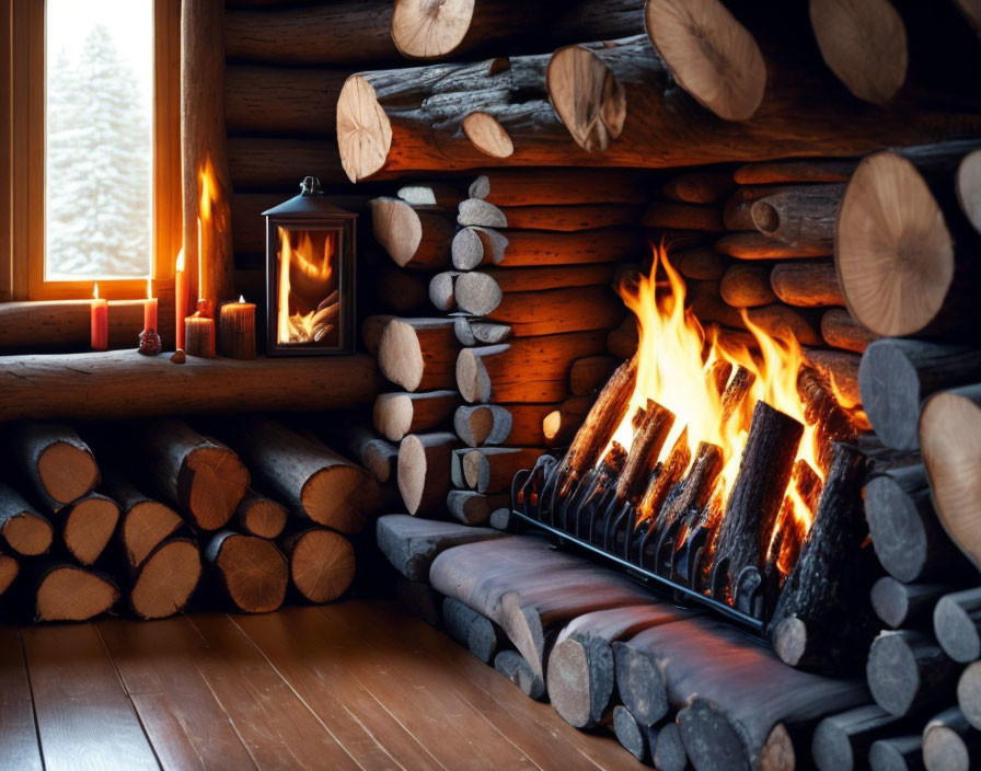 Rustic log cabin interior with fireplace, candles, firewood, and snowy tree view