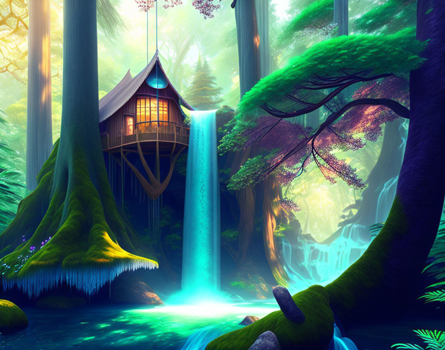 Enchanting treehouse with waterfall in magical forest