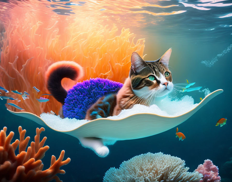 Cat in Knitted Sweater on Stingray Underwater with Coral and Fish